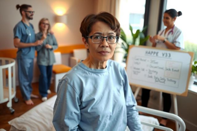 The image shows a medical setting with several people in operating gowns. A woman who appears to be a patient is sitting in a hospital bed. She appears to be listening intently.