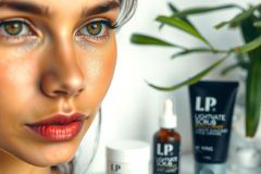 Close-up portrait of a woman with radiant skin, showcasing skincare products. Features include a red lip, a clean background, and a focus on beauty and wellness.  Natural light highlights the skin's texture.