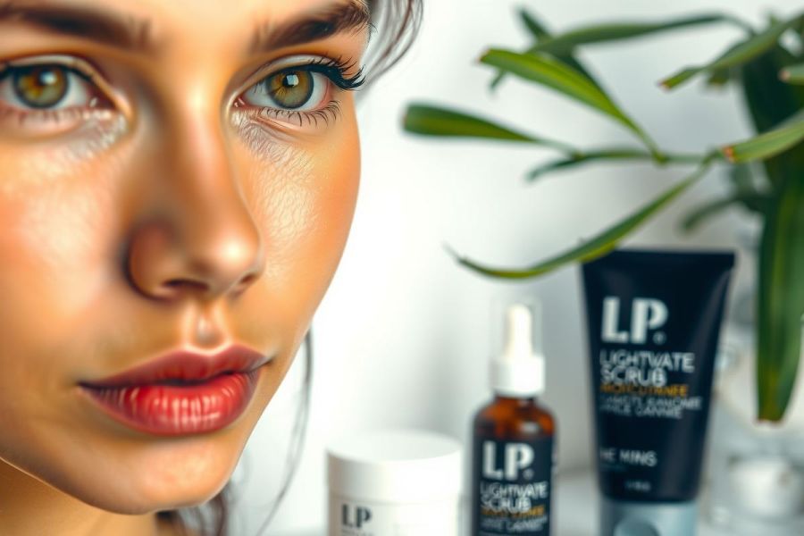 Close-up portrait of a woman with radiant skin, showcasing skincare products. Features include a red lip, a clean background, and a focus on beauty and wellness.  Natural light highlights the skin's texture.