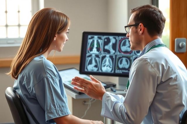 In the image, a man and woman are in what appears to be a medical office setting. He appears to be giving the woman information or instructions, and she looks at him with interest. On the table between them are various medical supplies, with what appears to be an MRI scan report displayed on a computer screen.