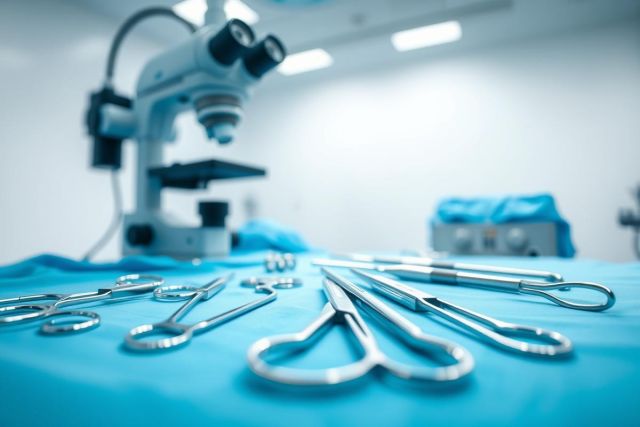 Surgical instruments laid out on a blue sterile drape, with a surgical microscope in the background. A clean, modern operating room setting. Focus on precision and medical equipment.