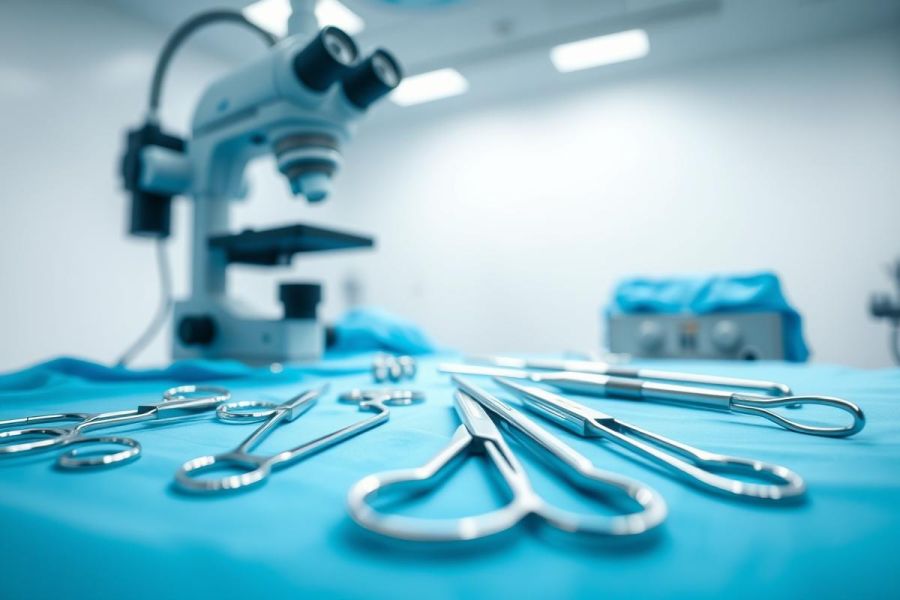 Surgical instruments laid out on a blue sterile drape, with a surgical microscope in the background. A clean, modern operating room setting. Focus on precision and medical equipment.