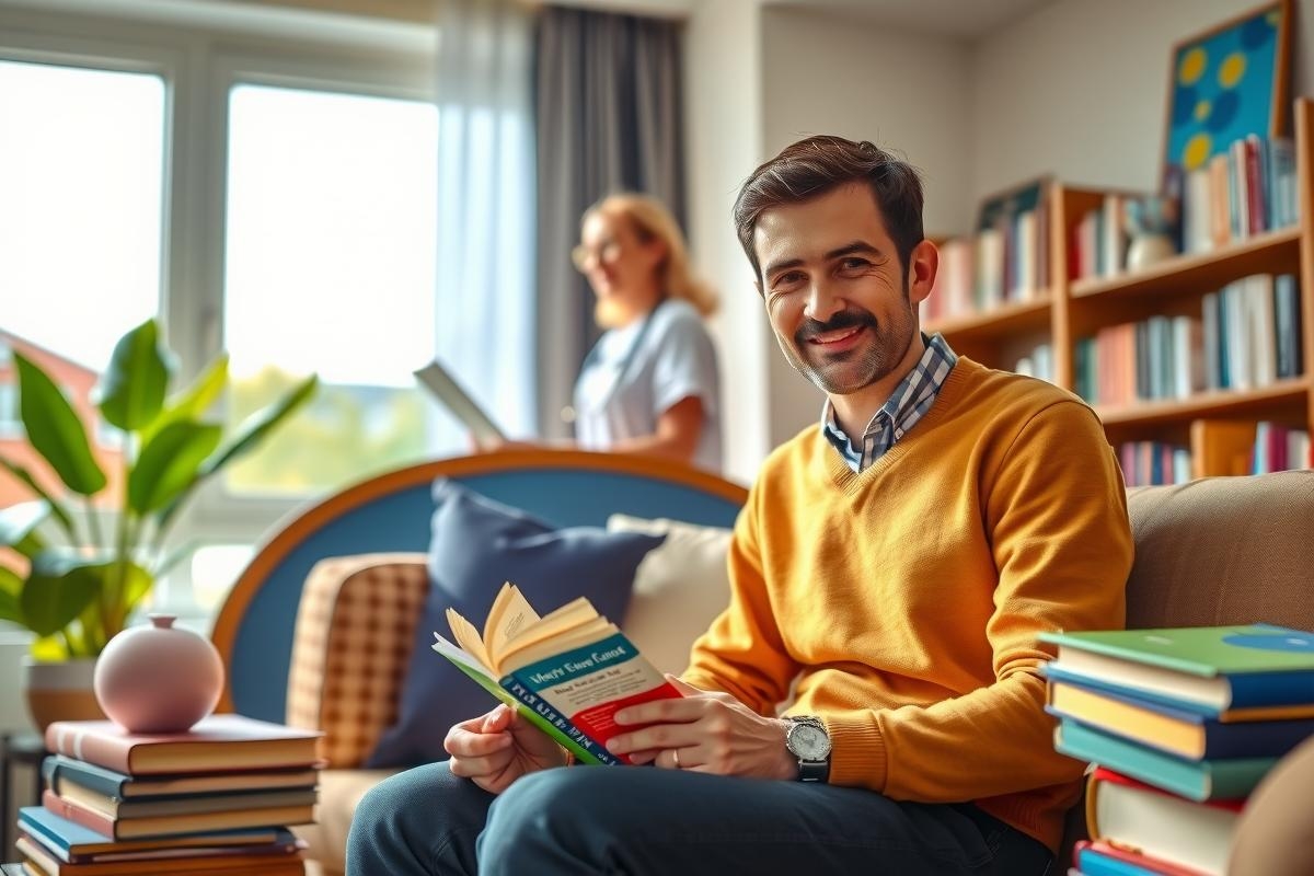 A young man in a yellow sweater is comfortably sitting on a couch, reading a book. The room has a cozy atmosphere with various books scattered around the space and another person slightly visible through a window in the background.