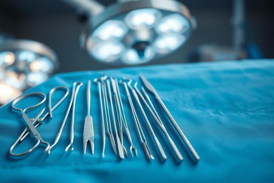 Surgical instruments laid out on a blue operating table under bright surgical lights. Close-up view of stainless steel tools including forceps, scissors, and probes, creating a sterile medical environment. Focus on healthcare, surgery, and medical equipment.