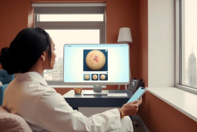The image depicts a medical professional in an office setting, focusing on breast cancer. The doctor is sitting at a desk with a computer monitor displaying 3D images of tumors and mammograms.