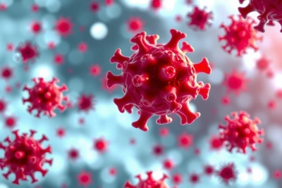 The image showcases a collection of viruses in vivid red and orange hues. The viruses are depicted in various shapes and sizes, suggesting different types or stages of infection.