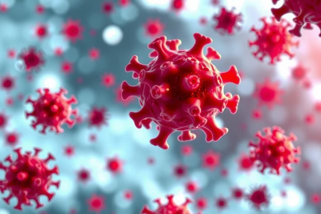 The image showcases a collection of viruses in vivid red and orange hues. The viruses are depicted in various shapes and sizes, suggesting different types or stages of infection.