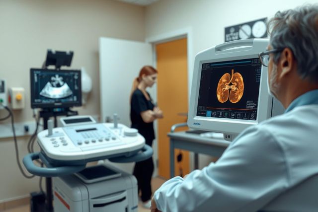 The image portrays a medical setting featuring two individuals. One person appears to be an elderly male seated at the controls of what looks like a medical imaging machine, possibly interpreting scan results. The other individual is a younger woman standing beside him, observing his actions with interest. 