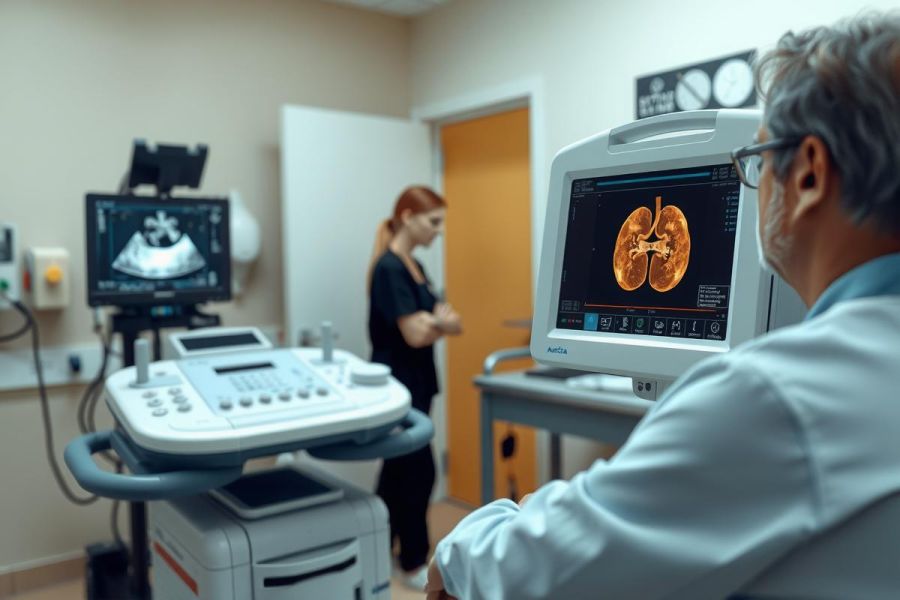 The image portrays a medical setting featuring two individuals. One person appears to be an elderly male seated at the controls of what looks like a medical imaging machine, possibly interpreting scan results. The other individual is a younger woman standing beside him, observing his actions with interest. 