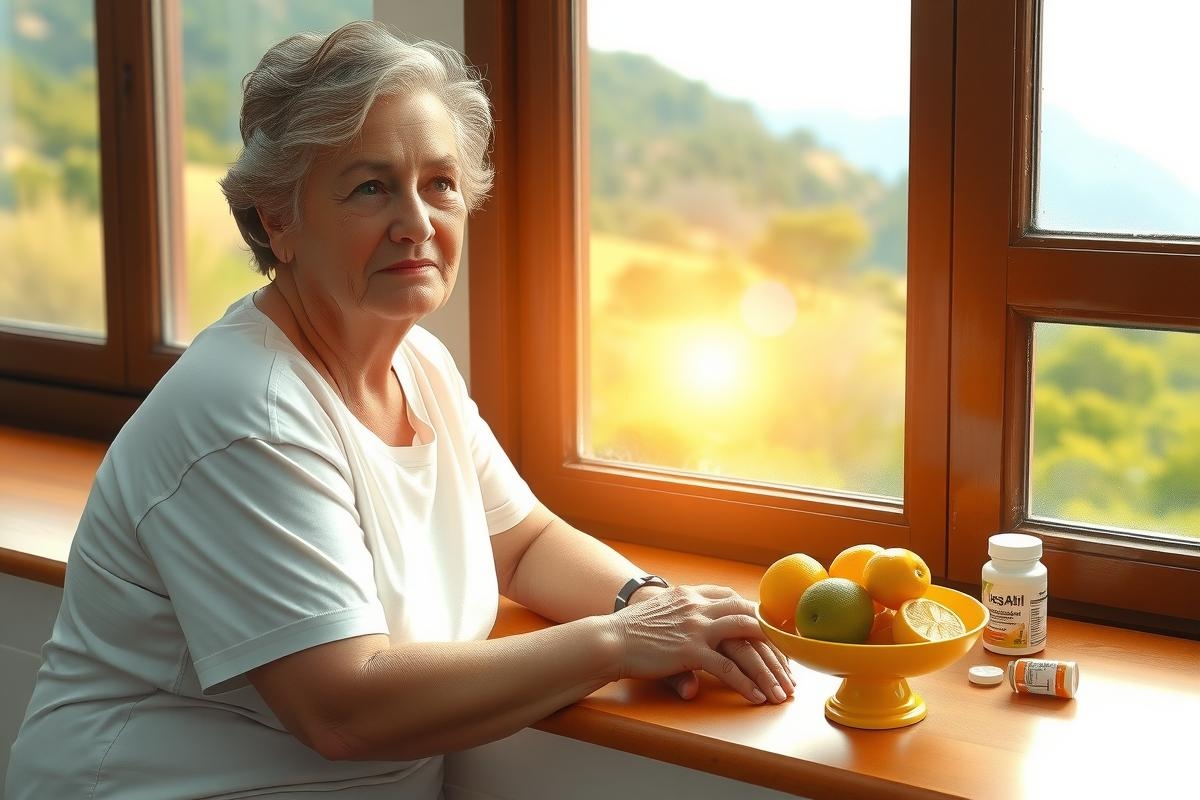 The image portrays an elderly woman sitting by a window. She is dressed in casual attire and appears to be contemplating something, perhaps the scenery outside or her thoughts. There's a bowl of fruit on a table nearby, hinting at a calm and leisurely atmosphere. The natural light streaming through the windows suggests it might be daytime.