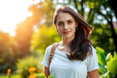 Woman smiling outdoors, sunlight shining through trees, with flowers around her. Casual white top, carrying a brown bag and standing on grassy area.
