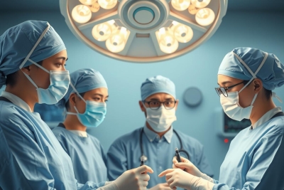 The image depicts a group of medical professionals in an operating room. They are all wearing surgical attire, including masks and gowns. There is a focus on a patient who appears to be undergoing surgery. The medical team stands around the table, likely preparing for or participating in the procedure. The setting has a sterile blue-green environment typical of such facilities.