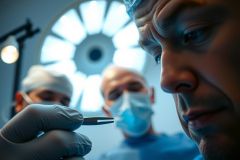 Surgeon performing a procedure, wearing surgical mask and gloves. Close-up view in operating room setting with bright overhead lights. Focus on precision and medical expertise.