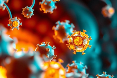 Molecular model of a virus with its RNA core. The image showcases the structure's intricate details, highlighting the helical symmetry and interactions between RNA strands and proteins.