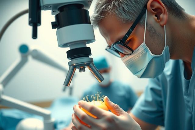 Surgeon examining tissue sample under microscope. Medical professional in scrubs and mask, likely in an operating room setting. Focus on precision and detail in a clinical environment.