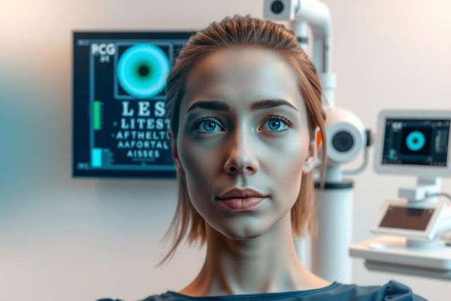 The image features a woman inside what appears to be a medical or healthcare facility. She is seated and looking slightly away from the camera, with a focused expression on her face. Behind her are various pieces of medical equipment, including what looks like an ultrasound machine and screens displaying heart rate readings and other biometric data.