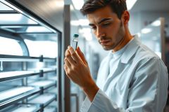 Scientist in lab coat examining a vial of liquid. Research environment, close-up, white coat, analytical, science, laboratory, medical, testing.