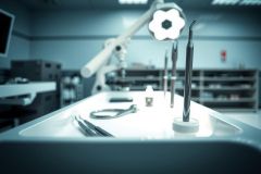 Surgical instruments on a tray in an operating room. Focus on stainless steel tools with a bright, sterile environment. Medical equipment and a blurred background create a clinical setting.