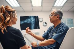 Doctor examines X-ray with patient in clinic. Medical professional discusses diagnostic imaging in healthcare setting. Blue scrubs, examination room, X-ray image.