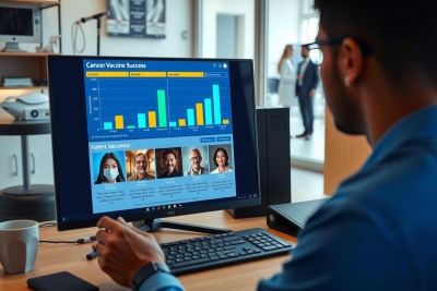 The image shows a person sitting at a desk in an office environment. The individual appears to be focused on a computer screen that displays various statistics and data, possibly related to career growth or job performance. There are graphs and charts with numerical values, suggesting a business analytics or management context.