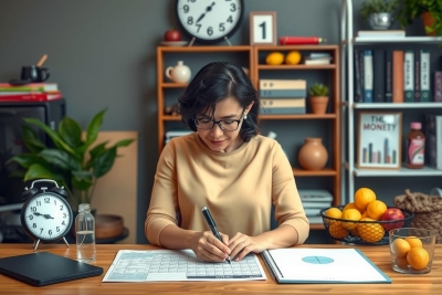 A woman sitting at a desk with paperwork in front of her. She is wearing glasses and smiling while writing with a pen. The desk has various items including a clock, a small potted plant, and some fruit.