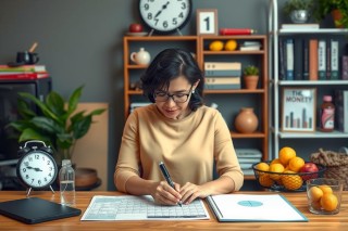A woman sitting at a desk with paperwork in front of her. She is wearing glasses and smiling while writing with a pen. The desk has various items including a clock, a small potted plant, and some fruit.