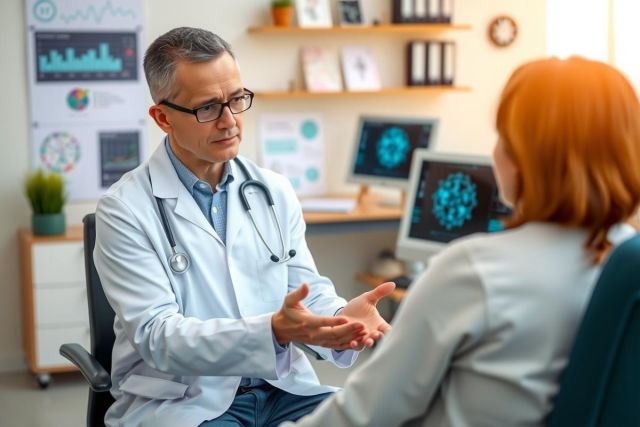 The image depicts a healthcare professional, likely a physician or nurse practitioner, seated at a desk in an office environment. The person is wearing a white lab coat, which signifies their medical profession.