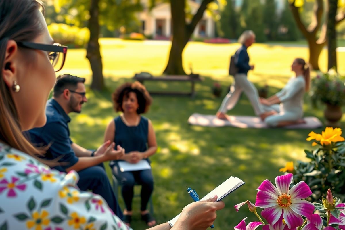 The image depicts an outdoor setting with a group of people sitting on the grass. They are engaged in a discussion, suggesting they could be part of a focus group or interview. 