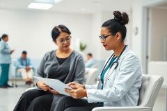 Doctor consults with a patient in a modern, brightly lit medical clinic waiting room. Focus on healthcare, consultation, and medical professionals. Includes a tablet and diverse individuals in the background. White, gray, and muted tones dominate the scene.