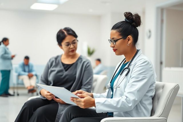 Doctor consults with a patient in a modern, brightly lit medical clinic waiting room. Focus on healthcare, consultation, and medical professionals. Includes a tablet and diverse individuals in the background. White, gray, and muted tones dominate the scene.