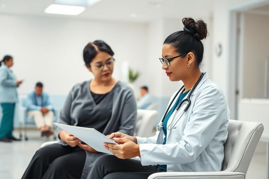 Doctor consults with a patient in a modern, brightly lit medical clinic waiting room. Focus on healthcare, consultation, and medical professionals. Includes a tablet and diverse individuals in the background. White, gray, and muted tones dominate the scene.