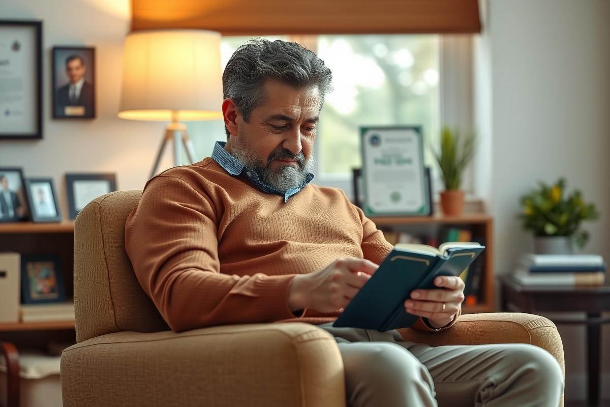 An older man seated comfortably in an armchair, reading a tablet. He's wearing a warm sweater and looks focused on the screen. The setting appears to be a living room or study with books and decorative items in the background.