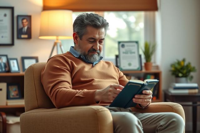 An older man seated comfortably in an armchair, reading a tablet. He's wearing a warm sweater and looks focused on the screen. The setting appears to be a living room or study with books and decorative items in the background.