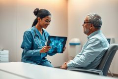 Doctor discussing an X-ray with a patient in a modern clinic. The image shows a female healthcare professional in blue scrubs presenting a pelvic X-ray to an older man. Medical examination, radiology, and patient care are key themes.