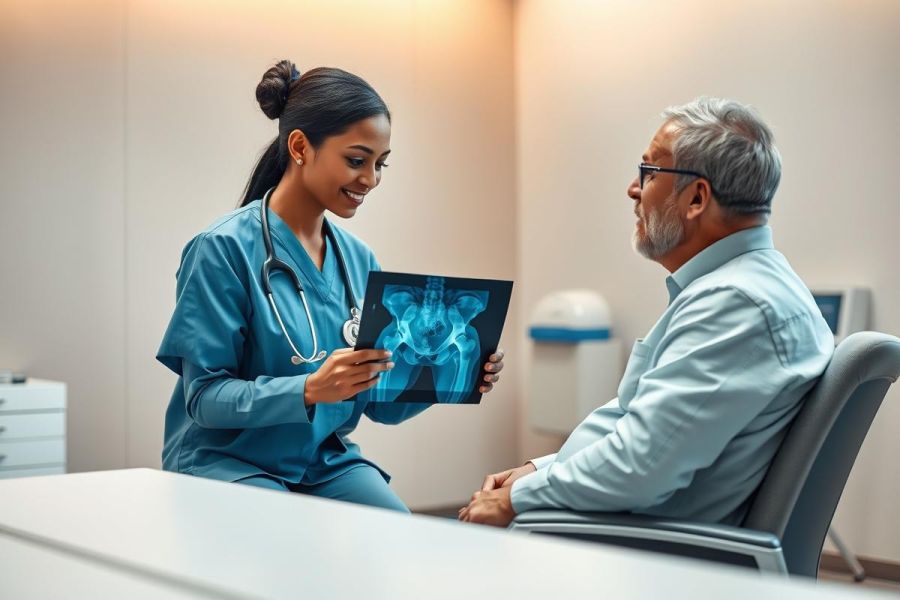 Doctor discussing an X-ray with a patient in a modern clinic. The image shows a female healthcare professional in blue scrubs presenting a pelvic X-ray to an older man. Medical examination, radiology, and patient care are key themes.