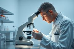 Scientist in a lab examining a sample under a microscope. The image features a man wearing a lab coat and gloves, with a modern laboratory setting and cool blue tones. Focus on research, science, and microscopy.