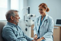Doctor examining an elderly patient in a bright, modern medical clinic. A female healthcare professional in a white coat smiles while consulting with a senior man. Focus on patient care, medical consultation and healthcare services in a clean, professional setting.