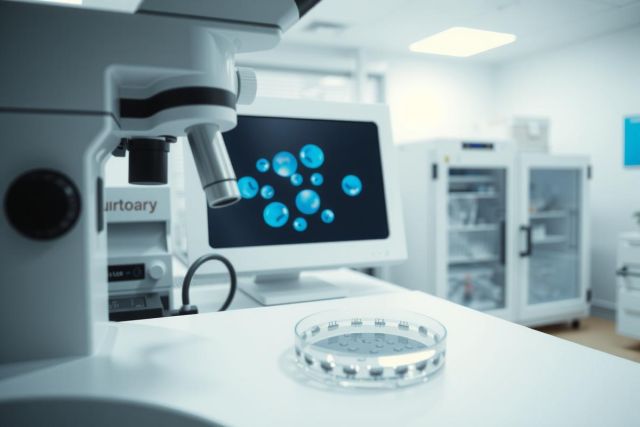 Laboratory setting with petri dish and scientific equipment. White lab environment featuring a microscope and refrigerator. Focus on research and biology.
