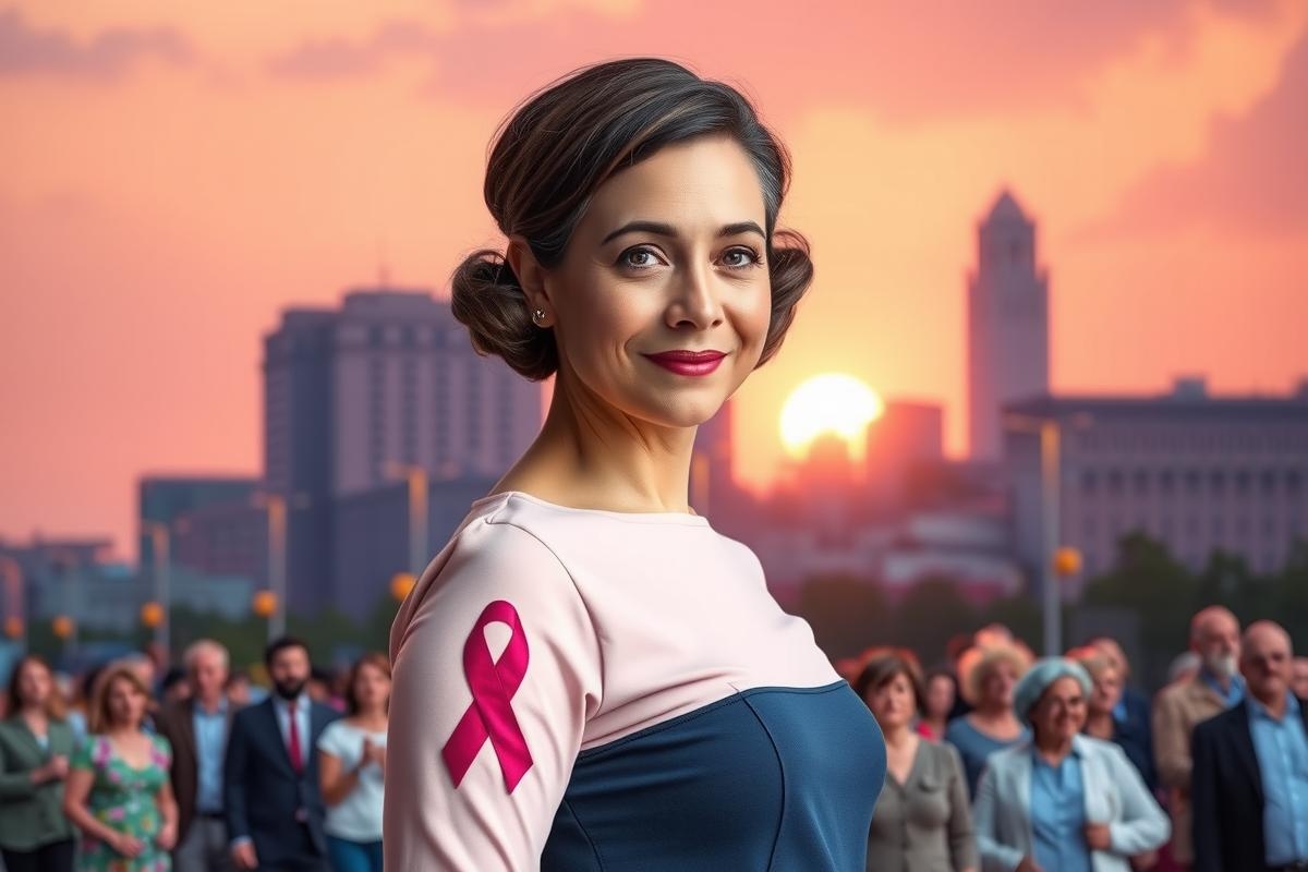 In the image, a woman is standing confidently against a cityscape backdrop at sunset. She has short hair and wears a pink outfit with a breast cancer ribbon symbol on it. Her smile radiates warmth as she looks directly at the viewer.