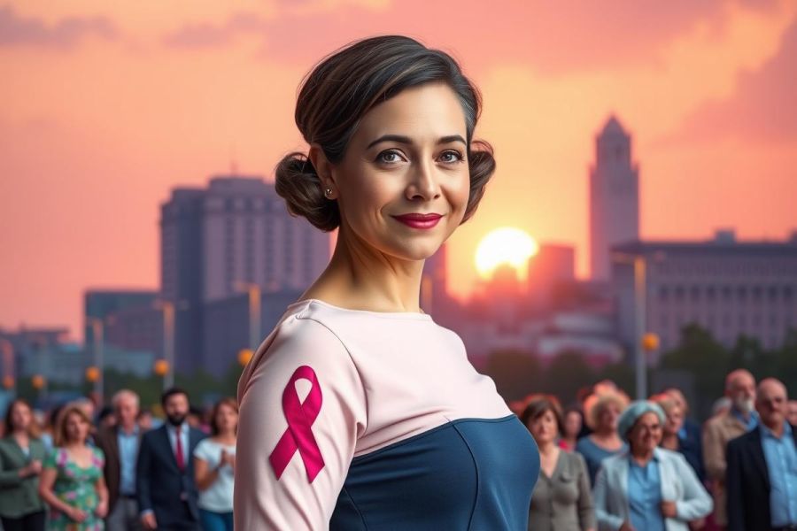 In the image, a woman is standing confidently against a cityscape backdrop at sunset. She has short hair and wears a pink outfit with a breast cancer ribbon symbol on it. Her smile radiates warmth as she looks directly at the viewer.