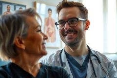 Doctor in a white coat and stethoscope consults with a patient in an office setting. Medical examination, healthcare professional, patient care, clinical environment, doctor-patient relationship.