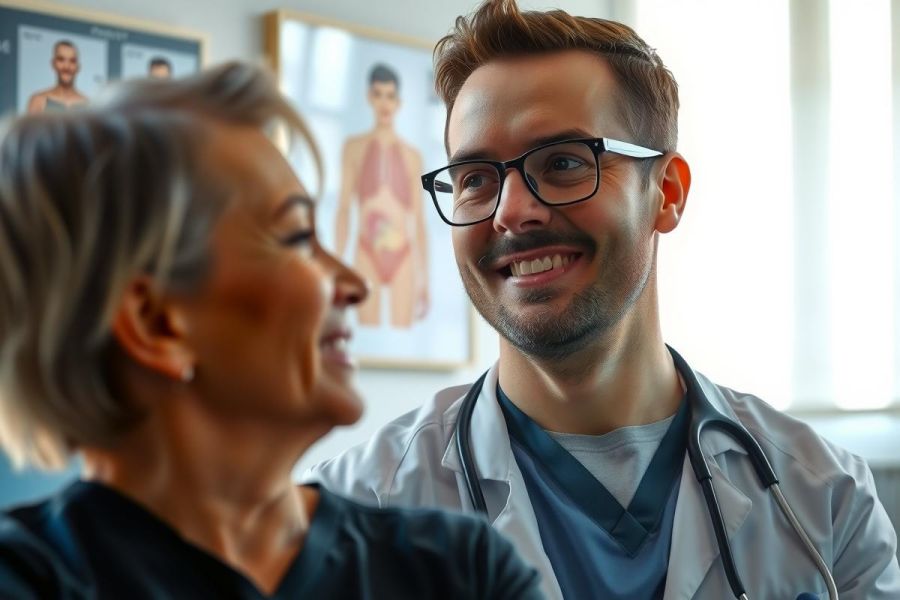Doctor in a white coat and stethoscope consults with a patient in an office setting. Medical examination, healthcare professional, patient care, clinical environment, doctor-patient relationship.