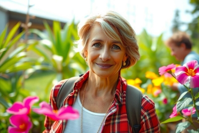 Woman posing with a big smile. She has blonde hair and is wearing a plaid shirt, jacket and carrying a backpack. Her surroundings include pink flowers and green plants, suggesting she's in an outdoor garden or park area.