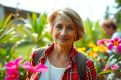 Woman posing with a big smile. She has blonde hair and is wearing a plaid shirt, jacket and carrying a backpack. Her surroundings include pink flowers and green plants, suggesting she's in an outdoor garden or park area.