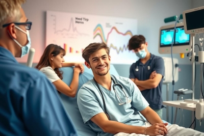In a hospital setting, a young man is lying on a bed while being examined by medical professionals. The environment includes various medical equipment such as monitors and ventilators. Some of the staff are wearing masks to ensure hygiene.