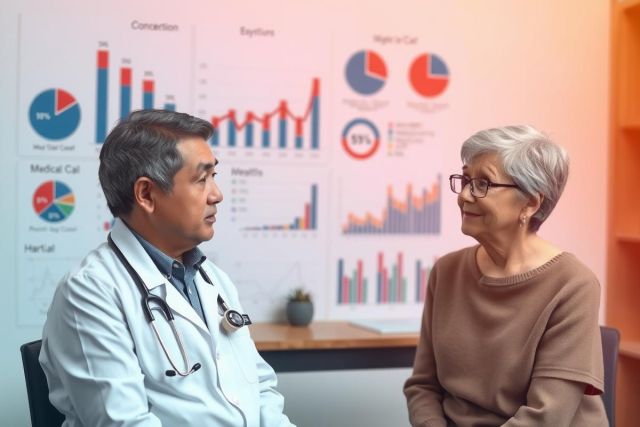 The image shows a healthcare professional, presumably a doctor, seated at the desk in an office setting. The doctor is wearing medical attire and appears to be engaged in conversation with an elderly patient who has a concerned expression on her face. On the wall behind them are large data charts and graphs, suggesting that this could be a healthcare discussion possibly related to medical statistics or outcomes.
