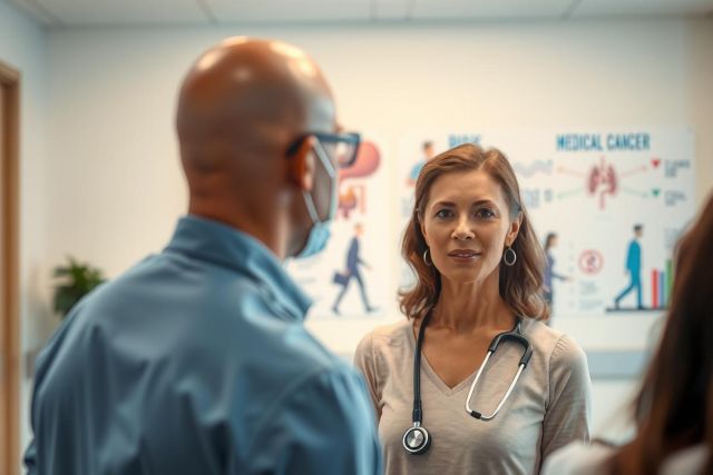 In the image, three people are engaged in a conversation within a room that appears to be a medical office or examination room. A man and woman stand facing each other, while another man stands slightly behind them, observing the interaction.