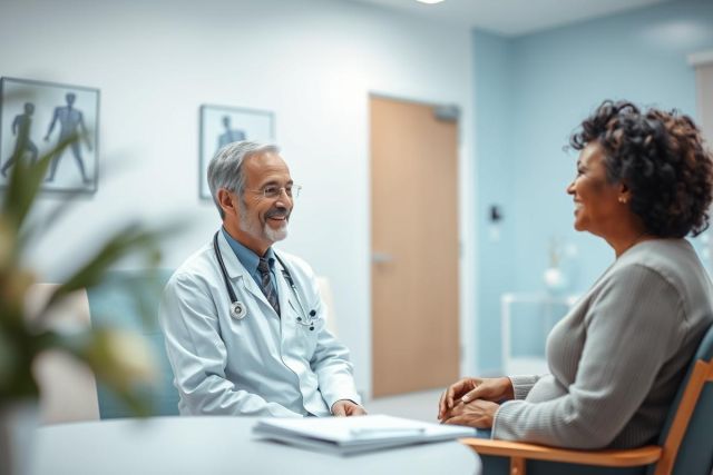 Doctor consults with a patient in a bright, modern clinic setting. A male physician in a white coat listens attentively to a woman during a medical appointment. Healthcare, consultation, and patient care themes are evident in this image. Blue and white tones dominate the scene.