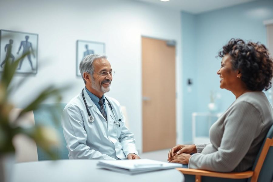 Doctor consults with a patient in a bright, modern clinic setting. A male physician in a white coat listens attentively to a woman during a medical appointment. Healthcare, consultation, and patient care themes are evident in this image. Blue and white tones dominate the scene.
