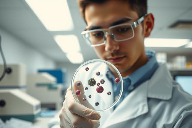 Scientist in lab coat examines petri dish with bacterial colonies. Research, microbiology, and laboratory setting are evident. Close-up view with focus on the petri dish.